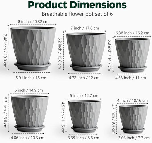 Plant Pots, Self Watering Planters with Drainage Holes and Trays, Flower Pots for Indoor Outdoor - 6 Pack(4/5/6/6.5/7/8 Inch) (Gray)