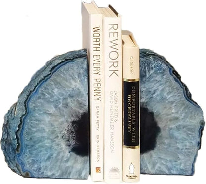 JIC Gem Agate Bookends Dyed Blue Book Ends for Heavy Books Geode Bookends for Bookshelf Decor Cute Stone Bookends with Rubber Bumpers for Office Décor and Home Decoration(1 Pair,6 to 8 Lbs)