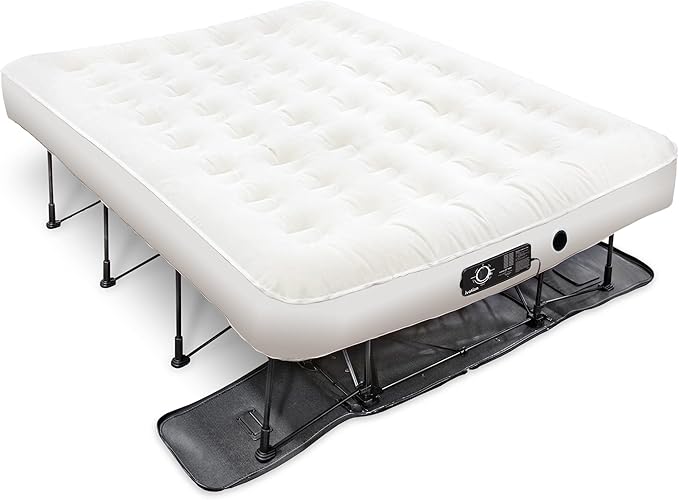 Ivation EZ®-Bed (Queen) Inflatable Air Mattress with Frame & Rolling Case, Built-in Deflate Defender™ Dual Pump Technology - 3 Min Self Inflate/Deflae Raised Blow up Bed on Legs, Premium Coil Design