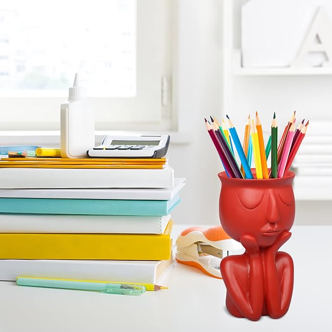 Simple and Creative Decorative Flower Pots, Resin Face Planter Pots, Vase for Small Succulent, Flower Pot Pencil Pen Holder, Minimalist Decorative, Modern Vases for Home Office Shelf Decor (Red)