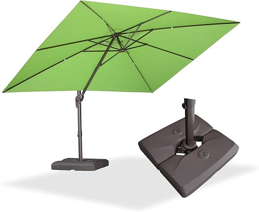 PURPLE LEAF 9' X 11.5' Rectangle Cantilever Umbrella with Base Patio Umbrella Outdoor Aluminum Offset Hanging Umbrella with 360-degree Rotation for Pool Garden Backyard Deck, Green