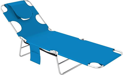 Outsunny Chaise Lounge Chair Outdoor w/Face Arm Hole Light Blue | 5-Position Reclining, Face Down, Carry Strap, Side Pocket, Portable, Folding Tanning Bed Cot, for Patio Beach Pool