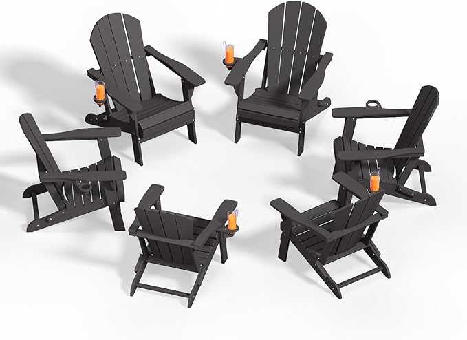 Folding Adirondack Chairs with Cup Holders, Set of 6 HDPE Plastic Outdoor Chairs, Weather Resistant, Real Wood Look, Heavy-Duty Patio Furniture for Deck, Fire Pit, Backyard, Black
