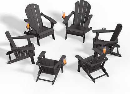 Folding Adirondack Chairs with Cup Holders, Set of 6 HDPE Plastic Outdoor Chairs, Weather Resistant, Real Wood Look, Heavy-Duty Patio Furniture for Deck, Fire Pit, Backyard, Black