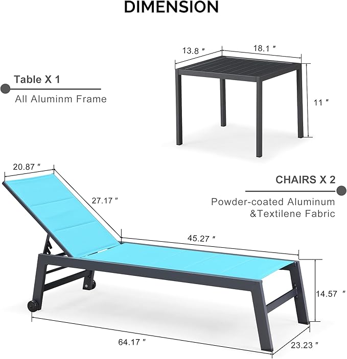 PURPLE LEAF Outdoor Chaise Lounge Set of 4 Aluminum Patio Lounge Chair with Wheels and Side Table Pool Chaise Lounge Chair for Outdoor Backyard Poolside Turquoise Blue (4 Lounges Chairs W/Table)