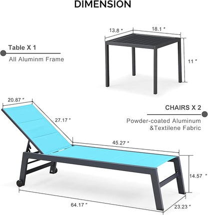 PURPLE LEAF Outdoor Chaise Lounge Set of 4 Aluminum Patio Lounge Chair with Wheels and Side Table Pool Chaise Lounge Chair for Outdoor Backyard Poolside Turquoise Blue (4 Lounges Chairs W/Table)