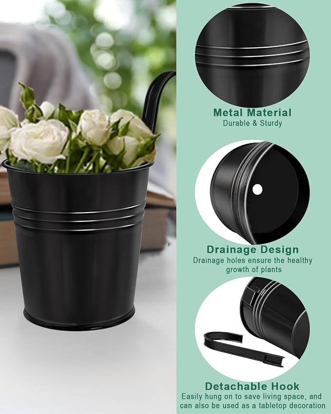 12 Pack Railing Planter for Outdoor Plants - 4 Inch Small Balcony Hanging Flower Pots with Detachable Hooks and Drain Holes Metal Oval Bucket Rail Box Fence Planters for Home Garden Decor, Black