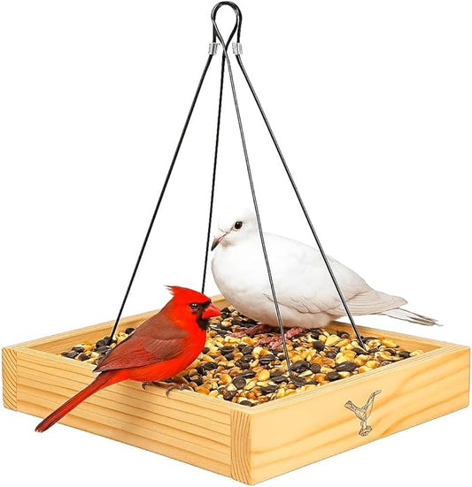 Cedar Wood Platform Tray Bird Feeder 10” - Hanging Bird Feeder for Outside Outdoor - Stainless Steel Cable Mesh Base - Weather Proof Birdfeeder for 10 Years - Longtime Outdoor Lasting Heavy Duty