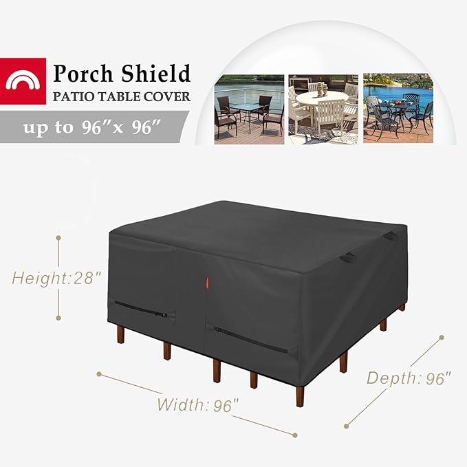 Porch Shield Patio Table Cover - Waterproof Outdoor Dining Table and Chairs Furniture Set Cover Square - 96 x 96 inch, Black