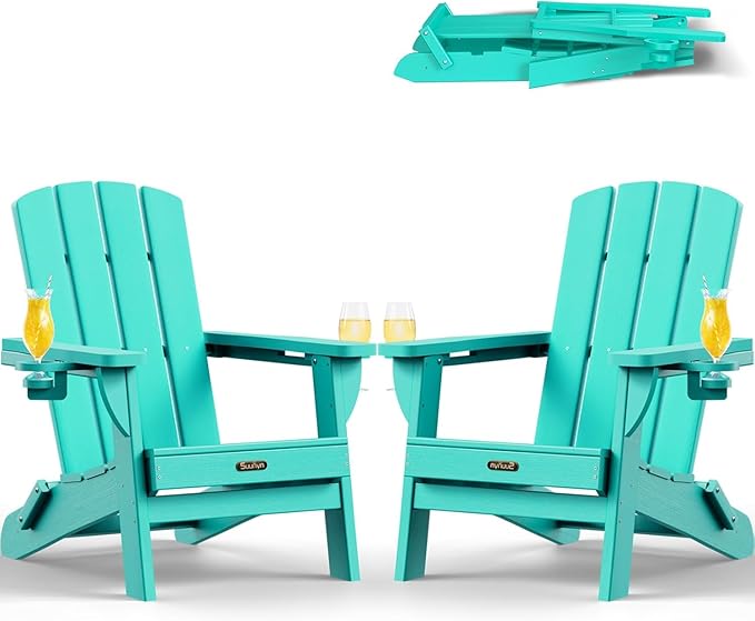 Folding Adirondack Chair 2 Pack, HDPE All-Weather Fire Pit Chairs, Plastic Adirondack Chairs with 2 Cup Holder, Outdoor Lawn Chair for Patio Garden - Lake Blue