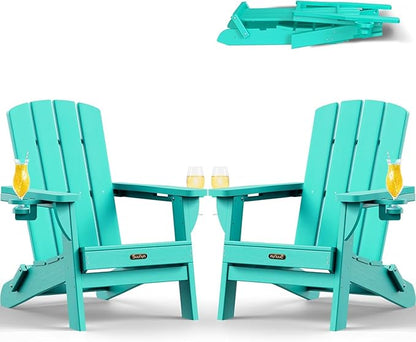Folding Adirondack Chair 2 Pack, HDPE All-Weather Fire Pit Chairs, Plastic Adirondack Chairs with 2 Cup Holder, Outdoor Lawn Chair for Patio Garden - Lake Blue