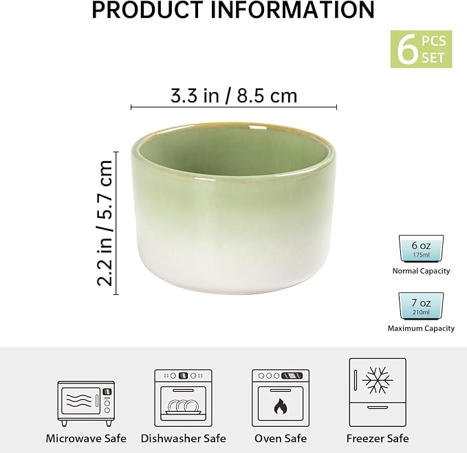Ramekin Set, UNICASA 8 oz Creme Brulee Ramekins, Oven Safe Baking Set for Custard, Pudding, Souffle Cups, Reactive Gray (Light Green, 6oz x 6pc)