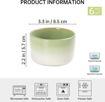 Ramekin Set, UNICASA 8 oz Creme Brulee Ramekins, Oven Safe Baking Set for Custard, Pudding, Souffle Cups, Reactive Gray (Light Green, 6oz x 6pc)