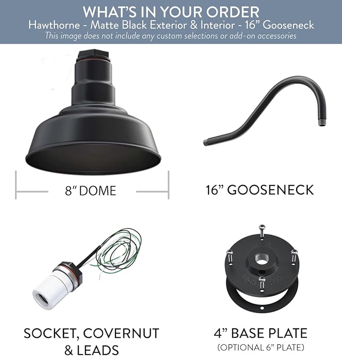 Steel Lighting Co. | Dusk to Dawn | Hawthorne Barn Light | Outdoor Wall Mounted | 8 in Dome | 16 inch Gooseneck| Small Farmhouse Light Made in America | Matte Black Exterior/Matte Black Interior
