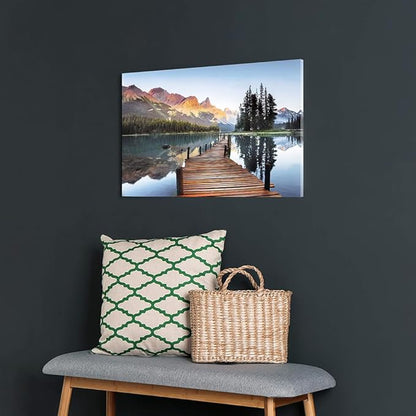 Lake Boardwalk Canvas Wall Art: Nature Mountain Sunset Scenic Artwork Woodland Water Print Picture for Bedroom