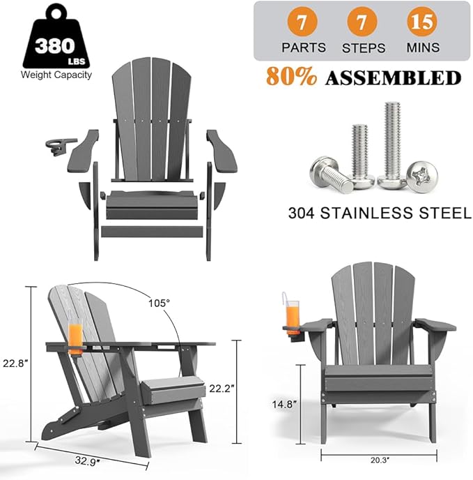 Folding Adirondack Chairs with Cup Holders, Set of 4 HDPE Plastic Outdoor Chairs, Weather Resistant, Real Wood Look, Heavy-Duty Patio Furniture for Deck, Fire Pit, Backyard, Gray