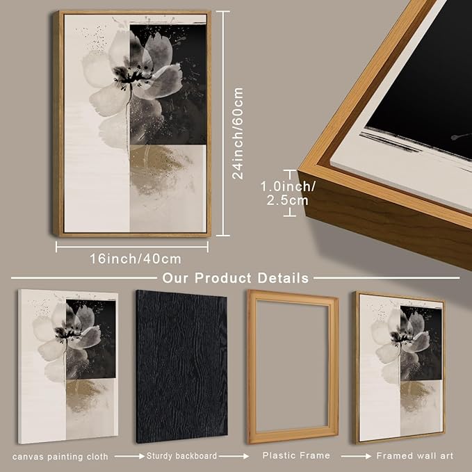 IARTTOP Neutral flower Framed Wall Art 16x24 Inch Black Beige Abstract Floral Canvas Wall Decor Modern Minimalist Flower Paintings for Living Room Bedroom Dining room Set of 3