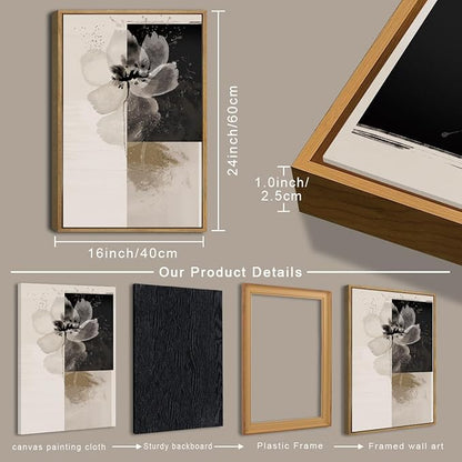IARTTOP Neutral flower Framed Wall Art 16x24 Inch Black Beige Abstract Floral Canvas Wall Decor Modern Minimalist Flower Paintings for Living Room Bedroom Dining room Set of 3