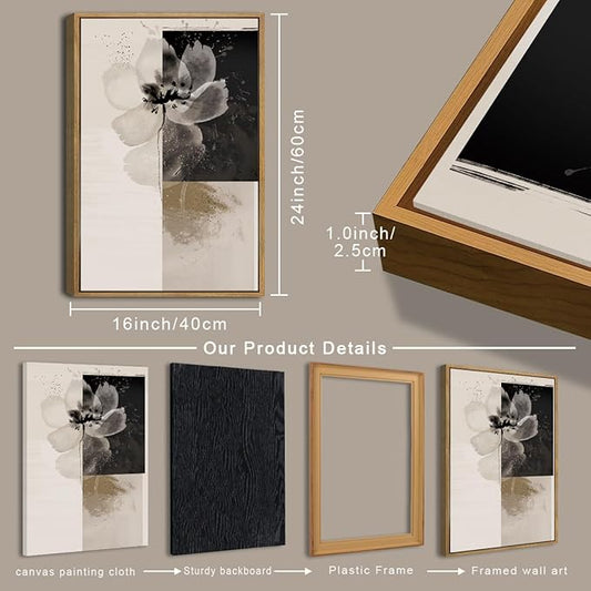 IARTTOP Neutral flower Framed Wall Art 16x24 Inch Black Beige Abstract Floral Canvas Wall Decor Modern Minimalist Flower Paintings for Living Room Bedroom Dining room Set of 3