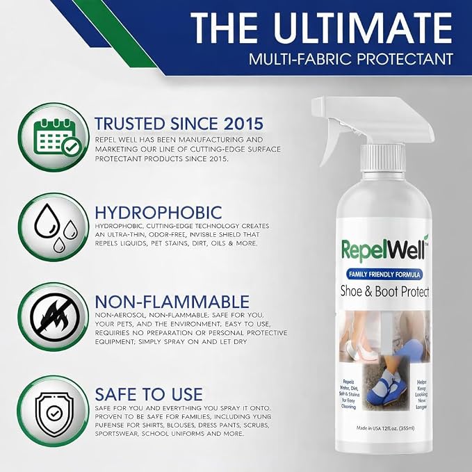 RepelWell Shoe & Boot Stain & Water Repellent (12oz) Eco-Friendly, Pet-Safe Spray Keeps Fabric, Leather & Suede Clean & Dry