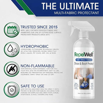 RepelWell Shoe & Boot Stain & Water Repellent (12oz) Eco-Friendly, Pet-Safe Spray Keeps Fabric, Leather & Suede Clean & Dry