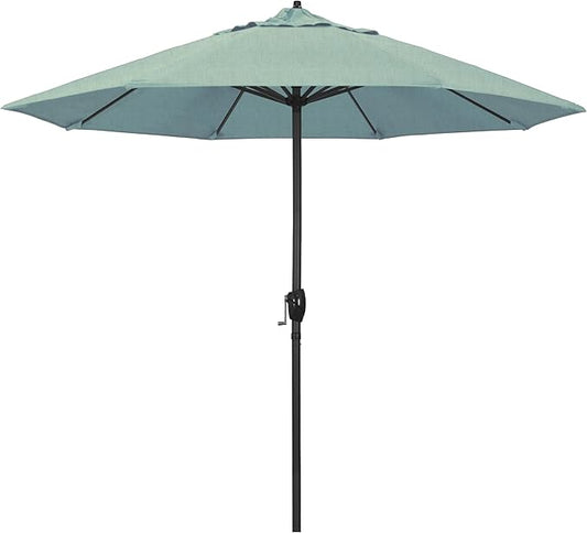 California Umbrella 9' Rd Aluminum Patio Umbrella, Crank Lift, Auto Tilt, Black Finish, Sunbrella Spa