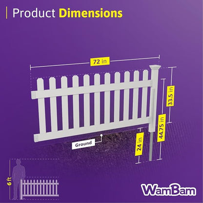 3ft H x 6ft W (1 Panel + 1 Post) No Dig WamBam Newport Fence Kit, White Vinyl Picket Fence, Easy Install Outdoor Barrier for Backyard or Patio, DIY Decorative Border, ZP19002