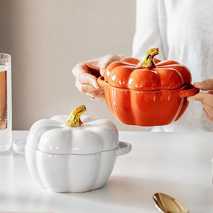 Pumpkin Bowl Set with Lid and Handle, Set of 2 Ceramic Ramekins for Baking, Casserole Dish Individual Severing Pot, Stoneware, Oven Safe, 14 Oz (Orange and White)