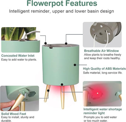 Oliz 7.8 Inch Planter Pot with Metal Craft Legs, Self Watering Planter Pots with Water Shortage Alarm Planter Pot for Indoor Outdoor Modern Planter for Home & Garden (Green)