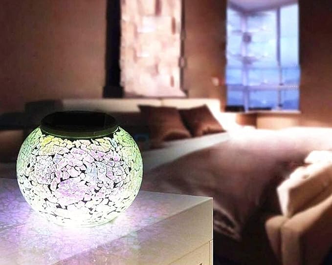 Waterproof Color Changing Table Lamp, Solar Powered Mosaic Glass Ball LED Garden Lawn Night Light Lamps, Party Lights for Home,Yard, Indoor,Outdoor Decoration Lights (Silver)