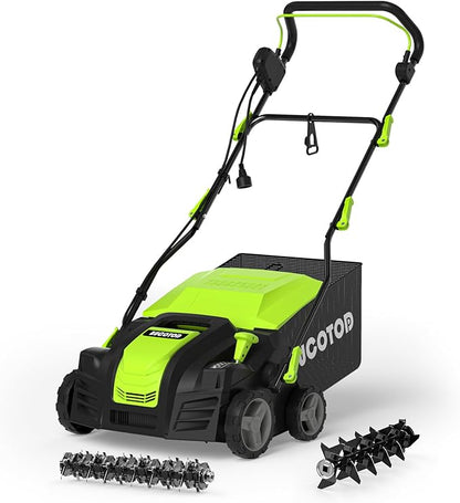2-in-1 Dethatcher & 16-Inch Scarifier Electric Corded, 15 Amp Copper Motor, Electric Lawn Dethatcher with 5-Position Depth Adjustment, 14.5 gal Thatch Bag,Walk Behind for Yard Lawn Garden Care