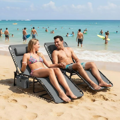 Folding Outdoor Chaise Lounge Chair, 5-Position Adjustable Sun Tanning Chair with Removable Pillow, Side Pocket & Carry Handle for Beach, Garden & Pool
