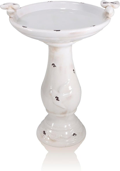 Alpine Corporation 25" Tall Outdoor Antique Ceramic Birdbath with 2 Bird Figurines - Vintage Style Garden Bird Bath Bowl for Patio, Yard, Lawn Decor, Light Brown