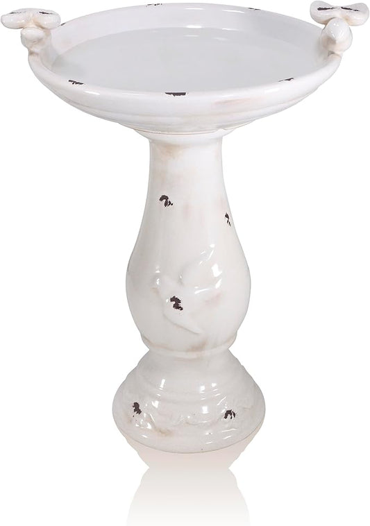 Alpine Corporation 25" Tall Outdoor Antique Ceramic Birdbath with 2 Bird Figurines - Vintage Style Garden Bird Bath Bowl for Patio, Yard, Lawn Decor, Light Brown