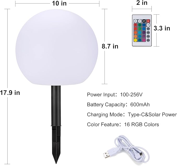 10 Inch Ball Light, Outdoor Glow Globe Light with Remote Control, LED Solar Gazing Ball Night Light 16 Modes RGB Color Changing, Waterproof Solar Globe for Garden Yard Pathway Decor