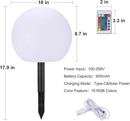 10 Inch Ball Light, Outdoor Glow Globe Light with Remote Control, LED Solar Gazing Ball Night Light 16 Modes RGB Color Changing, Waterproof Solar Globe for Garden Yard Pathway Decor