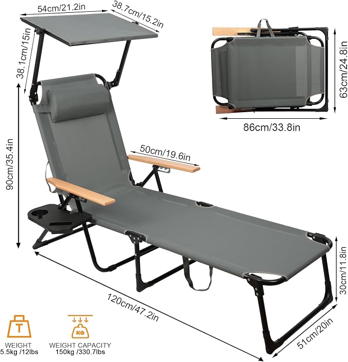 Foldable Chaise Lounge Chair Outdoor, 4-Position Reclining Outdoor Lounge Chairs with Wooden Armrest, Folding Sun Lounger with Removable Pillow for Garden Beach Patio Camp (Gray with Canopy)