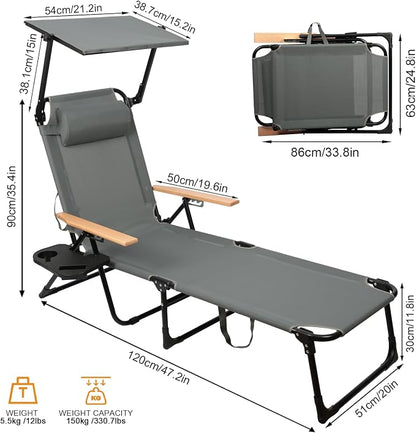 Foldable Chaise Lounge Chair Outdoor, 4-Position Reclining Outdoor Lounge Chairs with Wooden Armrest, Folding Sun Lounger with Removable Pillow for Garden Beach Patio Camp (Gray with Canopy)