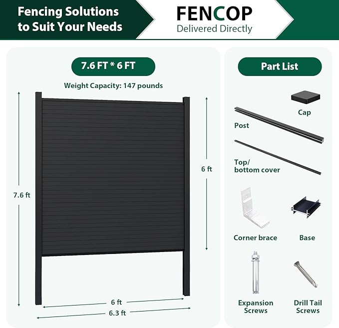 Privacy Fence Panels for Outside with 2 Post, 6' × 6' Windproof Composite Fence Cover Privacy, Garden Fencing Panel for Yard Pool Equipment Trash Can(Poured Concrete, Black)