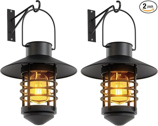 2 Pack Solar Lanterns Outdoor, Waterproof Hanging Solar Lights with Wall Mount Kit, Plastic Lanterns Solar Powered for Garden Decor, Patios, Trees, Front Porch, Gifts for Women Mom