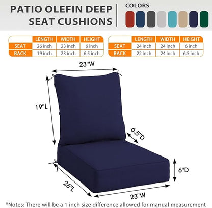 Sundale Outdoor Olefin Deep Seat Cushion Set of 2, Patio Chair Cushion and Pillow, Water-Resistant Sectional Sofa Pad with Straps Navy Blue, 23 x 26 x 6 Inches