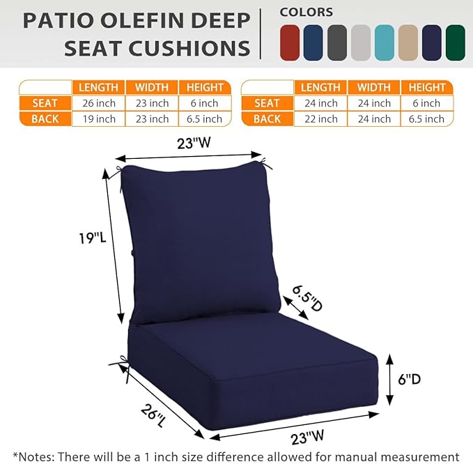 Sundale Outdoor Olefin Deep Seat Cushion, Patio Chair Cushion and Pillow, Water-Resistant Sectional Sofa Pad with Straps Navy Blue, 23 x 26 x 6 Inches