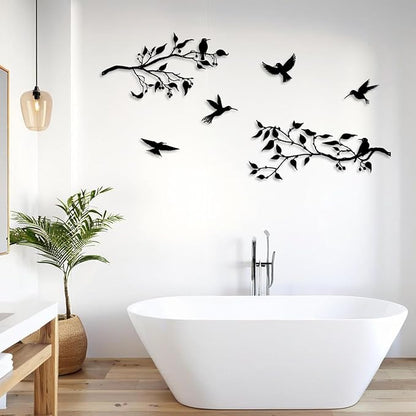 Harikikochuu 4PCS Metal Birds Wall Decor, Birds on the Branch Metal Silhouette Art, Black Leaves with Bird Outdoor Hanging Wall Sculpture for Home Office Balcony Garden Decor.（Hummingbirds）