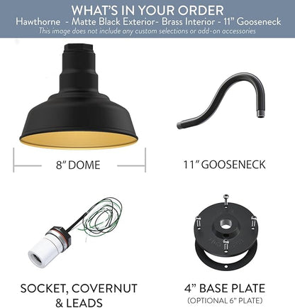 Steel Lighting Co. | Dusk to Dawn | Hawthorne Barn Light | Outdoor Wall Mounted | 8 in Dome | 11 inch Gooseneck| Small Farmhouse Light Made in America | Matte Black Exterior/Brass Interior
