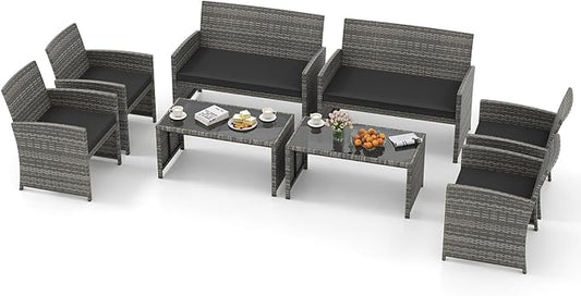 Tangkula 8 Piece Patio Wicker Furniture Set, Outdoor Heavy Duty Rattan Cushioned Chairs, Loveseat and Tempered Glass Coffee Table, for Backyard, Balcony, Poolside
