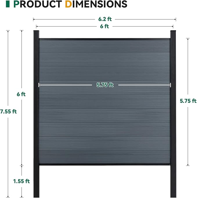 Mondaria Privacy Fence for Outside, 6ftx6ft Outdoor Privacy Panels with In-ground Post, Wind Resistant Wood Plastic Composite Fencing for Patio, Backyard, Garden and Swimming Pool (Gray with 2 Posts)