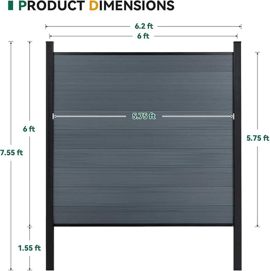 Mondaria Privacy Fence for Outside, 6ftx6ft Outdoor Privacy Panels with In-ground Post, Wind Resistant Wood Plastic Composite Fencing for Patio, Backyard, Garden and Swimming Pool (Gray with 2 Posts)
