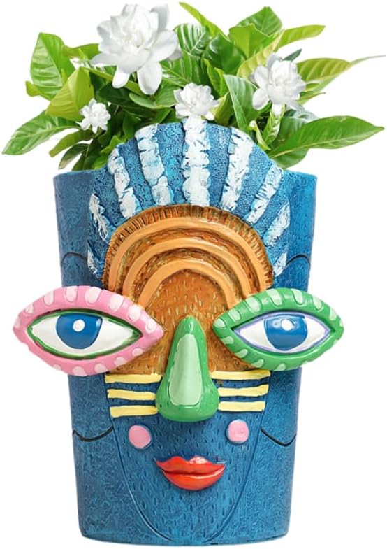 Picasso Abstract Face Flower Pot,Plant Pot with Facial Expressions,Handmade Resin Plant Pot with Drainage Holes,for Indoor and Outdoor Botanical Home décor (Blue Small)