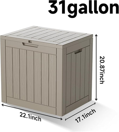 30 Gallon Deck Box, Waterproof Resin Outdoor Storage Box Lockable for Patio Furniture, Fade Resistant Patio Side Table & Organizer for Garden Tools, Pool Floats, Outdoor Cushions, Light Coffee