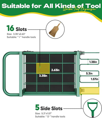 Garden Tool Organizer with Wheels, Heavy Duty 3 Tier Metal Yard Tool Storage Rack Holder with Side Hooks, Freestanding Garage Organizer for Shovels, Rakes, Brooms, Indoor Outdoor Use, Green